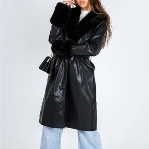 Lioness Women's Black Faux Leather Coat with Faux Fur Trim